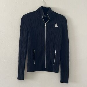 Lauren Ralph Lauren Black Cable Knit Full Zip Sweater Women's S Cotton RLL Logo